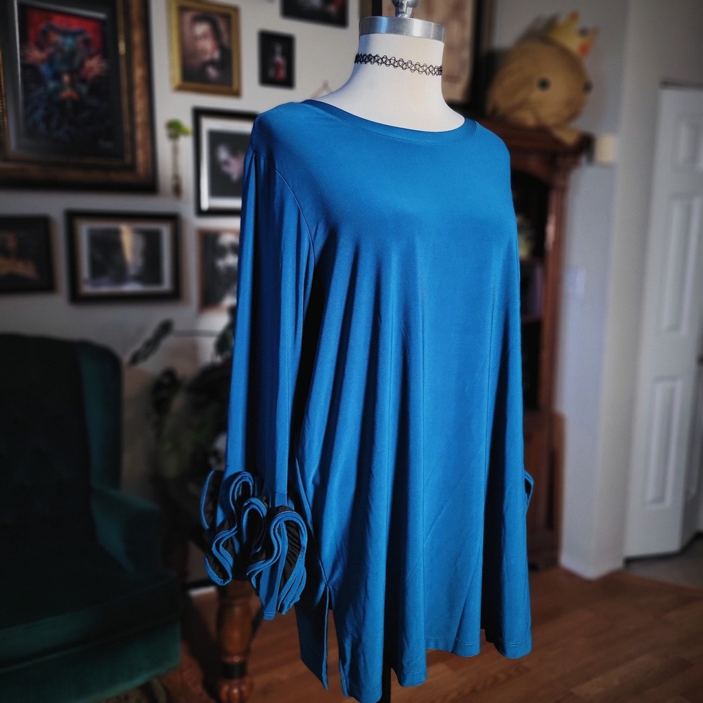 Antthony Original Teal Blue Tunic Top 1X Ruffle Cuff Sleeve‎ Avant Garde Blouse